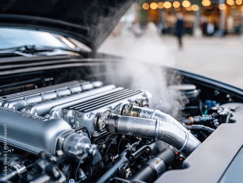 Obraz premium A close-up view of a steaming car engine, with the hood open, revealing intricate mechanical parts.