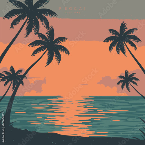 Vintage tropical beach sunset vector illustration with palm tree silhouettes and ocean reflection