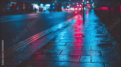 Wallpaper Mural Dramatic blue and red light reflections on wet pavement in an atmospheric urban night scene. Torontodigital.ca