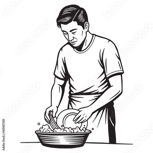 Vector illustration of a man washing dishes in a bowl with soap and water