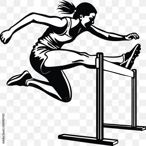 Black and White Illustration of a Female Athlete Clearing a Hurdle Obstacle with Focus and Determination