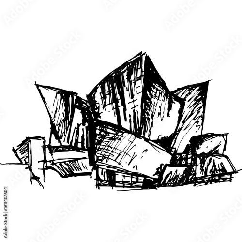 Expressive ink sketch of a modern concert hall. Hand-drawn architectural illustration of a deconstructivist landmark facade.