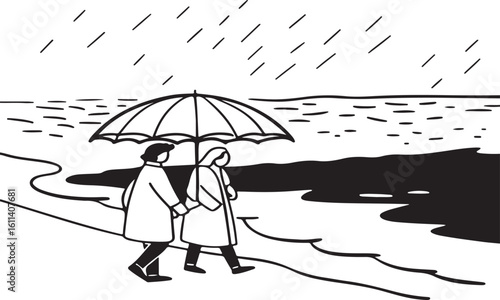 A couple finds summer protection under an umbrella on a sunny beach, while a businessman stands with his parasol illustration against the sky