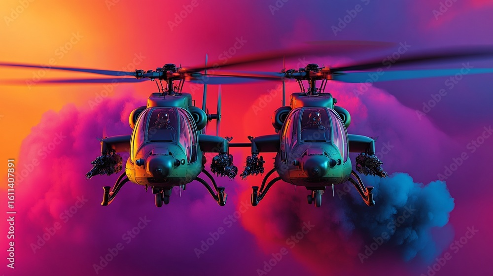 Naklejka premium Two combat helicopters fly through vibrant clouds