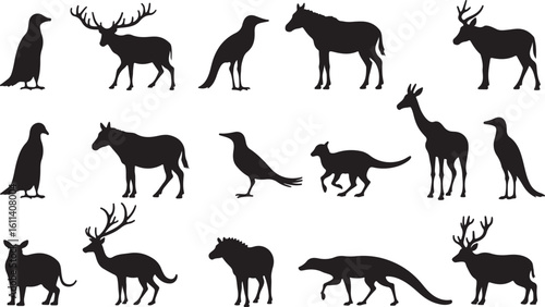 A vector collection of wild and farm animal silhouettes including deer, horses, dogs, goats, cows, cats, elephants, lions, giraffes, sheep, and wolves