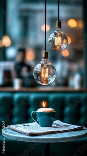 Two Edison-style bulbs hang above a teal mug with a lit candle, resting on a marble table beside a newspaper, all set against a softly blurred caf? backdrop