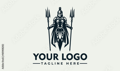 A powerful female warrior logo design, wielding two tridents, stands majestically.