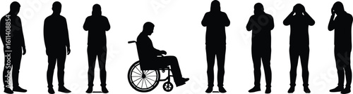 Silhouettes of diverse people standing and sitting in wheelchair, various poses and emotions, inclusion, diversity, and human expression concept