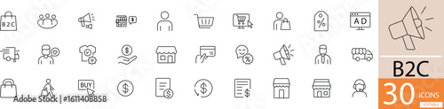 Minimal black line icon set with 30 icons covering business services, client support, product selling, and delivery. Ideal for e-commerce, logistics, B2B, and online platforms