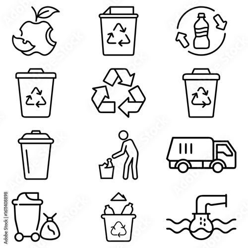 Illustration of recycling symbols, trash cans, and waste management icons in a line art style design