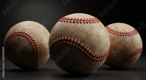 Detailed studio shot of three baseballs on a dark background offering a vintage feel
