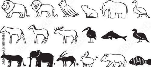 Wild animals silhouette set with various wildlife and zoo animal icons in black vector illustration