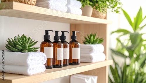 Spa-Inspired Bathroom Shelfie Amber Bottles, Plants & Towels