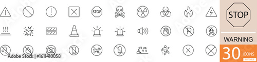  Minimal black line icon set of 30 warning and caution icons. Ideal for safety signage,  alerts, error messages, and hazard notifications 