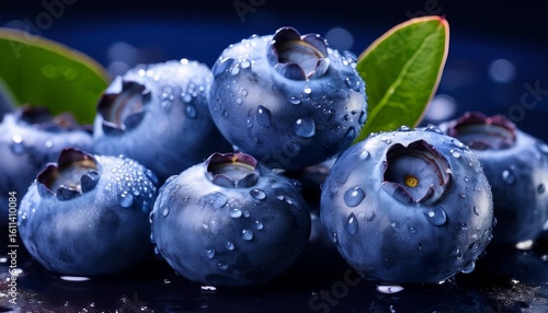 close up of fresh blueberries with glistening skin and water droplets