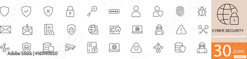 Minimal black line icon set with 30 cyber security icons. Perfect for IT services, data protection, antivirus software, and digital privacy interfaces.