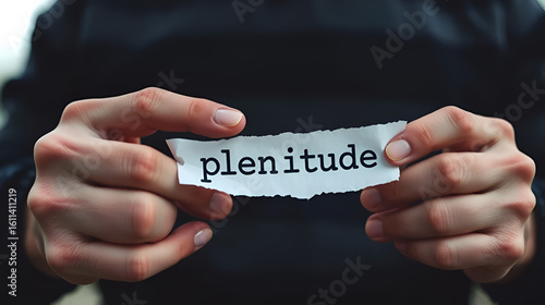 Hands of a man tearing a piece of paper with inscription plentitude