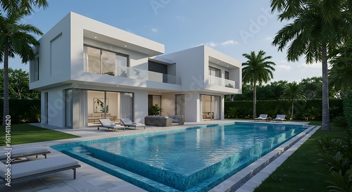 Tropical villa view with garden  swimming pool and open living room at sunset - rephrased