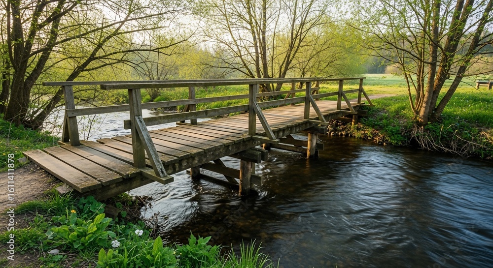 Fototapeta premium Rustic wooden bridge spanning a gentle river in a scenic landscape during the daytime