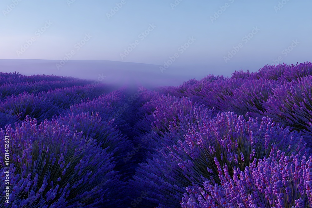 Obraz premium Lavender Field Rows Under Faint Mist, Lavender Plantation Farm Under Morning Light Sky