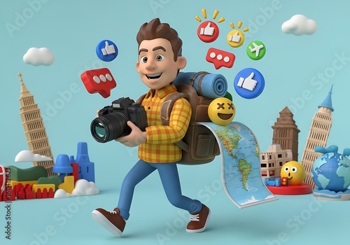 Cartoon traveler with camera, backpack, and world map surrounded by travel icons and landmarks on a light blue background.