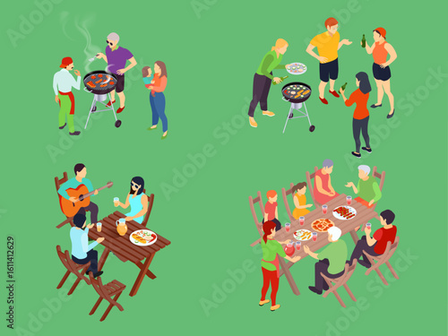 family grill barbecue party set kettle grill assorted food traditional preparing grilled meat picnic grass outdoor summer bbq party families friends illustration