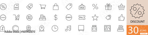  Minimal black line icon set with 30 discount and offer icons. Ideal for e-commerce, sales banners, shopping apps, and promotional