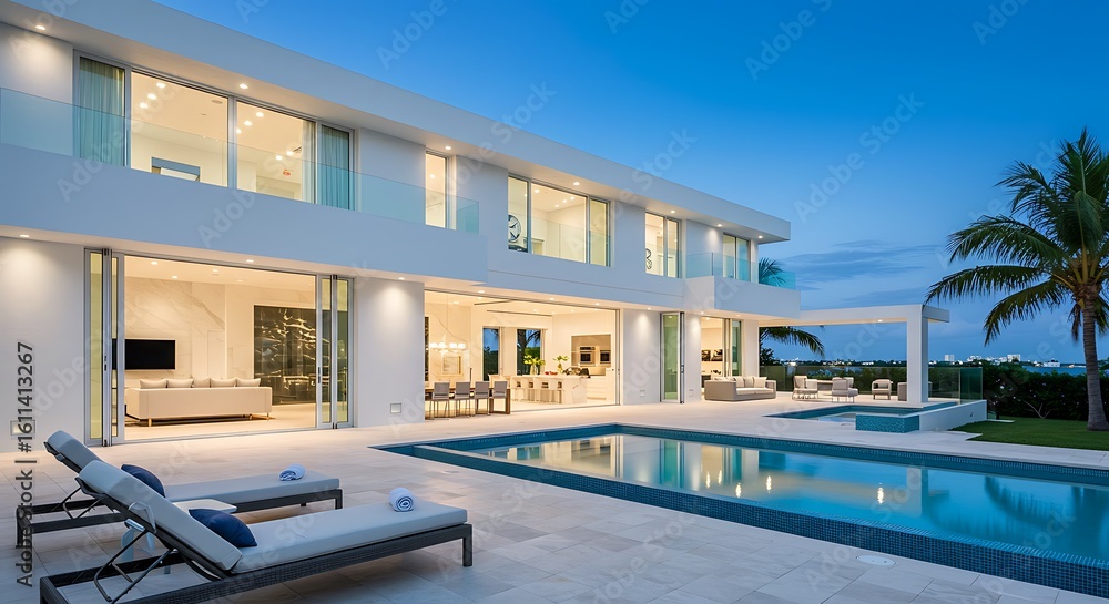 Fototapeta premium real estate and exterior design pool villa with living room at night sky home, house ,sun bed ,sofa - rephrased