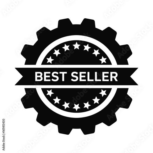 Best Seller Black and White Circular Badge with Stars and Gear