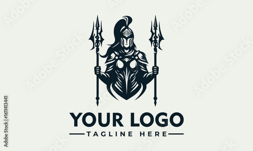 Warrior woman in armor holding tridents, logo template.