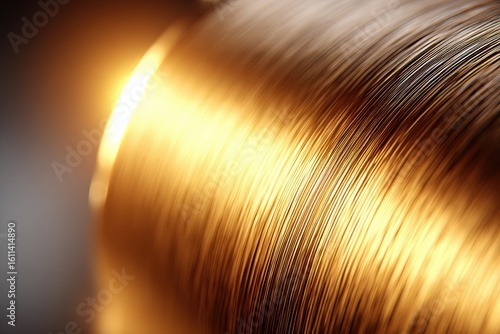 Warm Golden Copper Wire Spool Closeup, Industrial Metallic Surface Texture, Bright Soft Light Highlighting Intricate Parallel Lines, Shallow Depth Field, Creating Luxurious Meticulously Crafted Visual