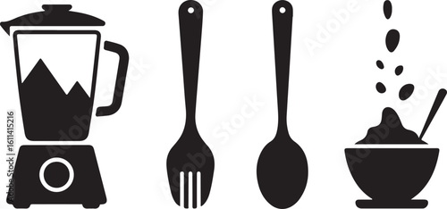 Blender fork spoon mortar pestle kitchen icons vector