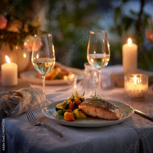 Elegant Candlelit Dinner with Grilled Salmon, Vegetables, and White Wine in Romantic Fine Dining Setting
