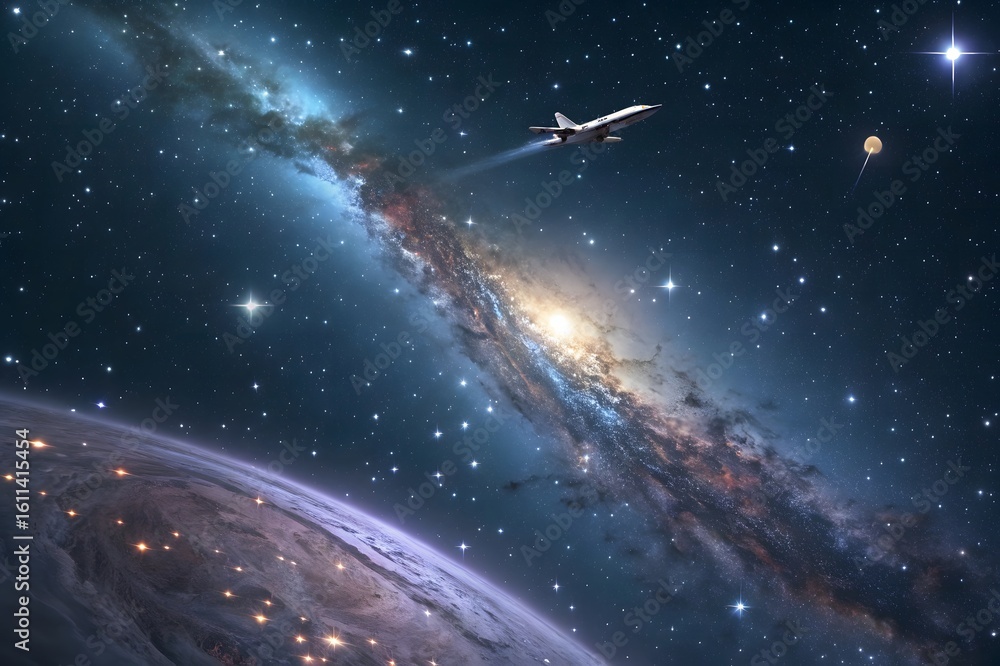 Fototapeta premium Futuristic aircraft soars through vibrant nebula towards distant galaxy and planet