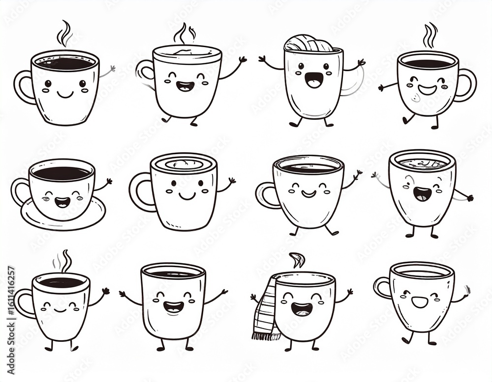 Obraz premium A vector set of cute animated-style anthropomorphic coffee cup characters. A collection of happy kawaii doodle mugs and teacups.