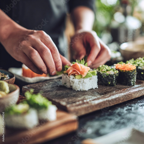Wallpaper Mural Chef Preparing Fresh Sushi Rolls with Vegetables and Fish on Wooden Cutting Board in Modern Kitchen
 Torontodigital.ca
