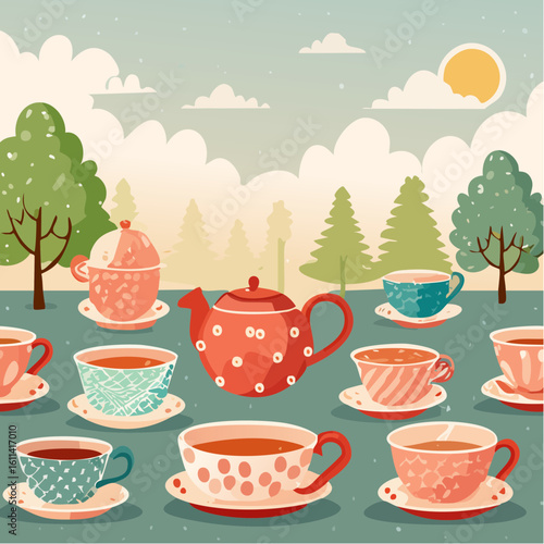 Tea cups collection in vintage style