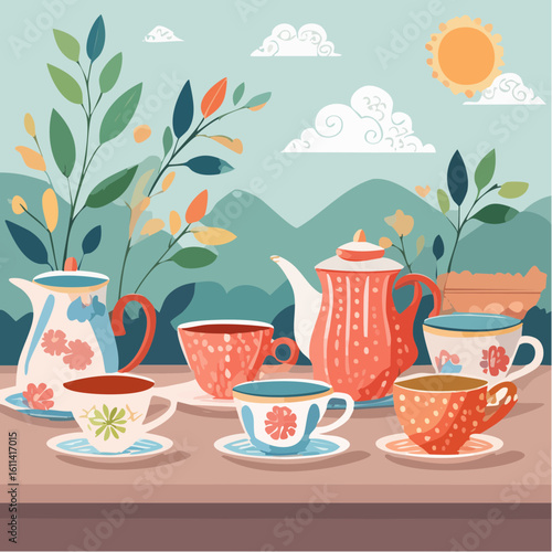 Tea cups collection in vintage style