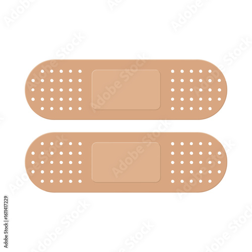 Two Beige Adhesive Bandages Isolated on White Background for First Aid and Medical Purposes.