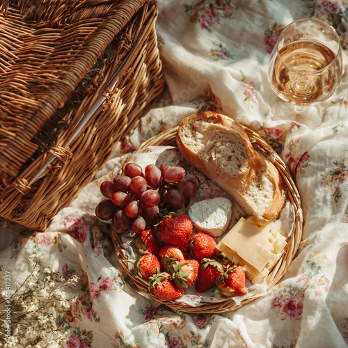 Romantic Summer Picnic Basket with Wine, Grapes, Strawberries, Cheese, and Baguettes on Floral Blanket
