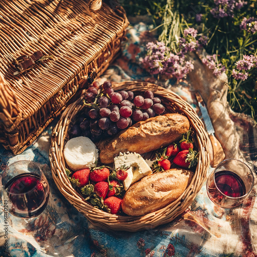 Romantic Summer Picnic Basket with Wine, Grapes, Strawberries, Cheese, and Baguettes on Floral Blanket
