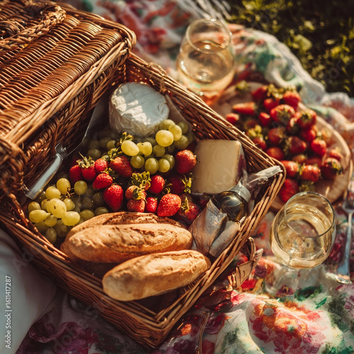 Romantic Summer Picnic Basket with Wine, Grapes, Strawberries, Cheese, and Baguettes on Floral Blanket
