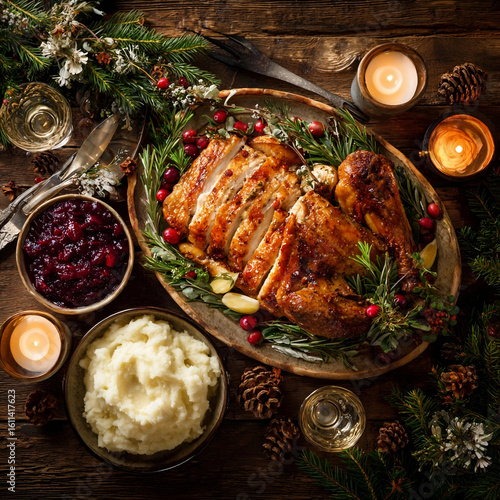 Wallpaper Mural Festive Holiday Dinner with Roasted Turkey, Mashed Potatoes, Cranberry Sauce and Christmas Decor on Rustic Table
 Torontodigital.ca