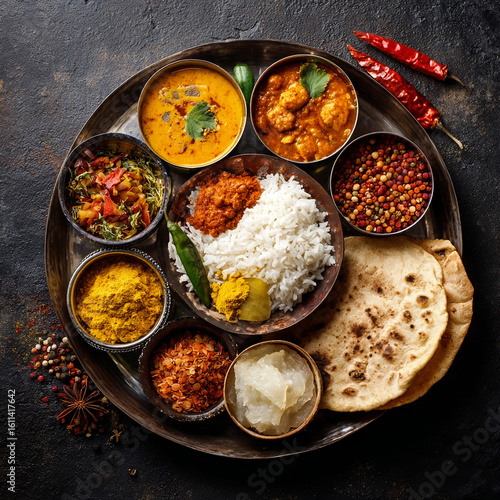 Wallpaper Mural Traditional Indian Thali with Rice, Curries, Lentils, Spices, and Naan Bread on Dark Rustic Background
 Torontodigital.ca