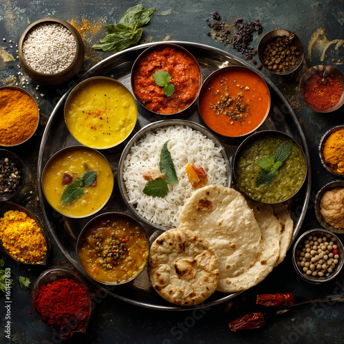 Wallpaper Mural Traditional Indian Thali with Rice, Curries, Lentils, Spices, and Naan Bread on Dark Rustic Background
 Torontodigital.ca