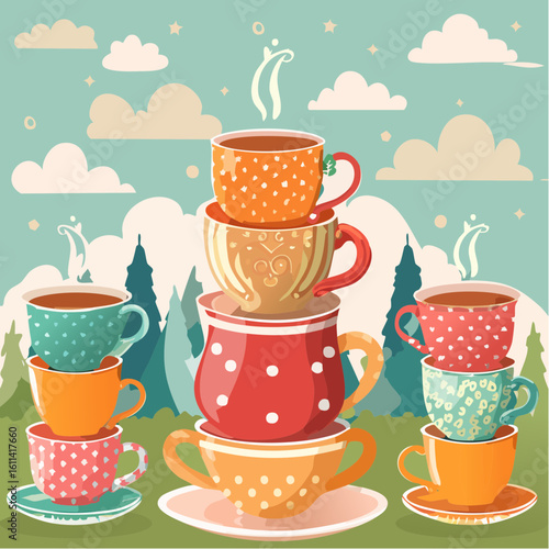 Tea cups collection in vintage style