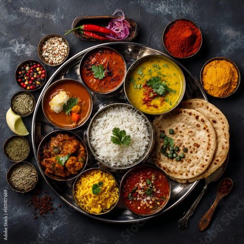 Wallpaper Mural Traditional Indian Thali with Rice, Curries, Lentils, Spices, and Naan Bread on Dark Rustic Background
 Torontodigital.ca