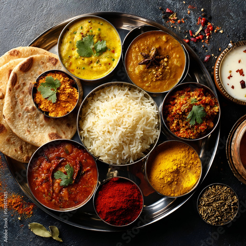Wallpaper Mural Traditional Indian Thali with Rice, Curries, Lentils, Spices, and Naan Bread on Dark Rustic Background
 Torontodigital.ca