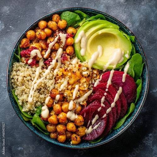 Wallpaper Mural Healthy Vegan Buddha Bowl with Quinoa, Chickpeas, Avocado, Beets, Spinach, and Tahini Dressing on Dark Background
 Torontodigital.ca