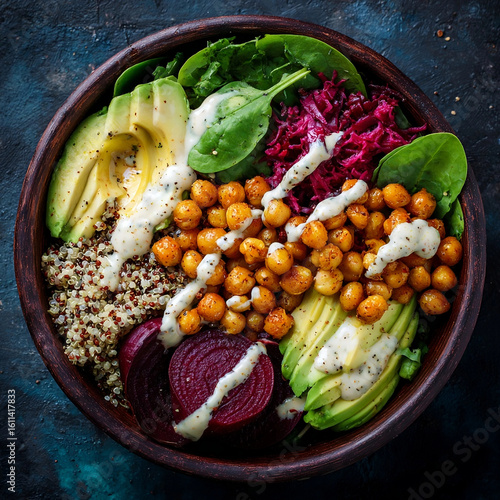 Wallpaper Mural Healthy Vegan Buddha Bowl with Quinoa, Chickpeas, Avocado, Beets, Spinach, and Tahini Dressing on Dark Background
 Torontodigital.ca